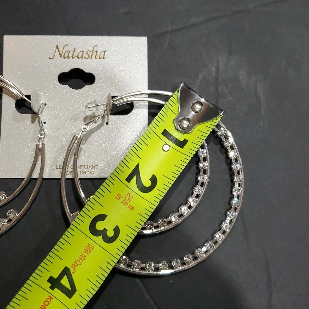 Natasha couture silver tone cz crystal rhinestone trim double hoop earrings new - Picture 6 of 10